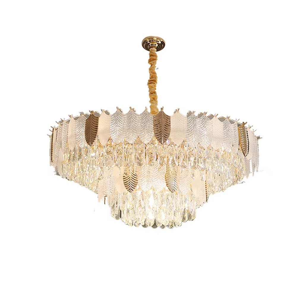 This light luxury leaf crystal chandelier features a gold metal frame paired with leaf-shaped liuli ornaments and drooping crystal tassels, with light refracting a brilliant halo through the crystals, serving both lighting and decorative purposes, suitable for modern light luxury spaces such as living rooms and dining rooms.