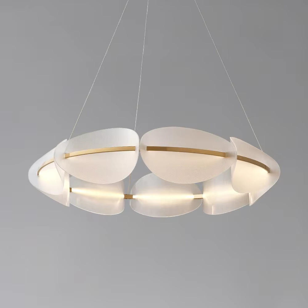 A modern light luxury style circular petal chandelier, featuring a double-layer milky white frosted acrylic main body with gold metal strip decorations and built-in LED strips. It emits a soft and warm glow when lit, combining decorative appeal with practical illumination, ideal for creating an elegant and gentle space atmosphere.