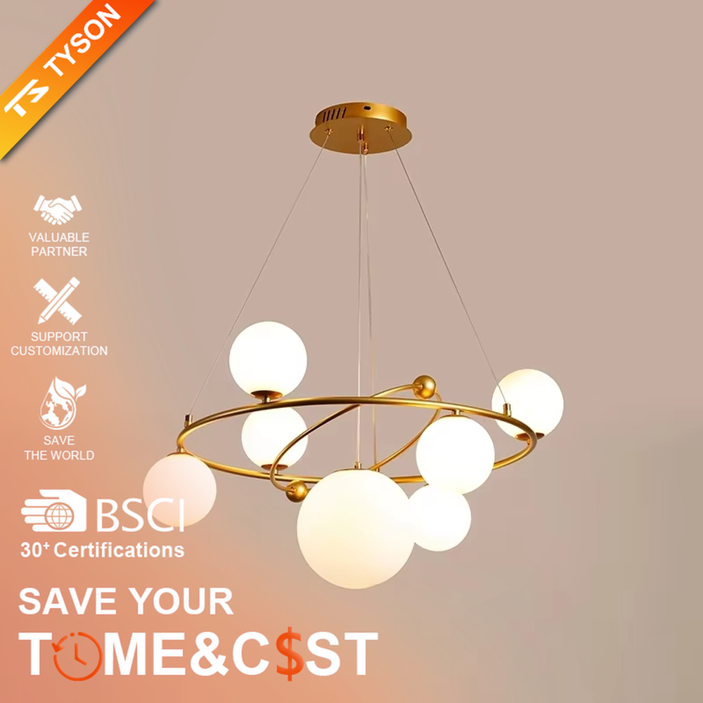 A modern light luxury style planetary orbit chandelier, featuring a gold metal ring frame paired with milky white glass glowing spheres, shaped like planets orbiting a star. It emits a soft and uniform glow when lit, combining decorative appeal with practical illumination, ideal for creating a minimalist and sophisticated space atmosphere.
