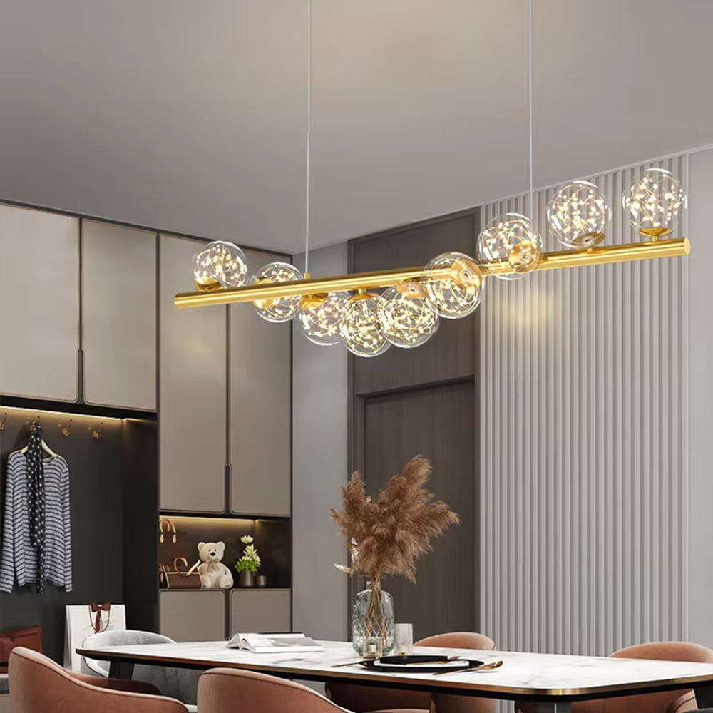 Modern Light Luxury Linear Bubble Ball Chandelier, Gold Metal Base with Transparent Starry Sky Glass Ball Shades, Serves Both Lighting and Decorative Purposes, Ideal for Dining Rooms, Bars, Open Kitchens, etc.