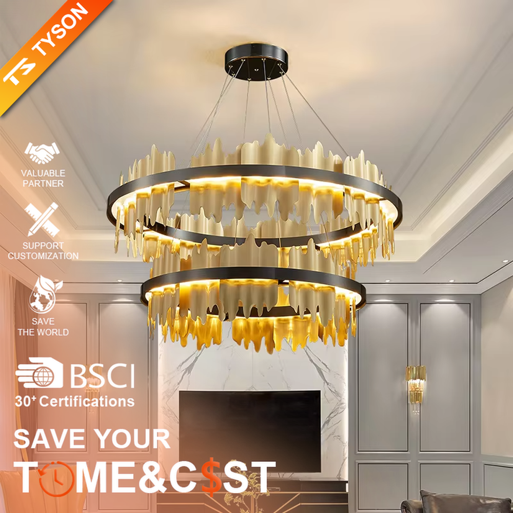 A light luxury and glamorous double-layer ring chandelier, featuring a gold metal frame paired with irregular black hanging glass panels. It emits a brilliant yet soft glow when lit, combining decorative appeal with practical illumination, ideal for creating a high-end and mysterious space atmosphere.