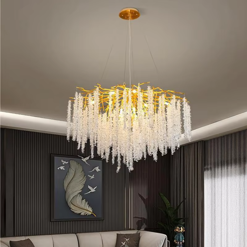 Modern light luxury vine-tassel crystal chandelier, with a gold branch-shaped metal frame paired with cascading crystal particles, emitting brilliant and soft light, combining artistic decorativeness and lighting function, suitable for core lighting and atmosphere creation in living rooms, dining rooms, villa high-ceiling spaces, etc.