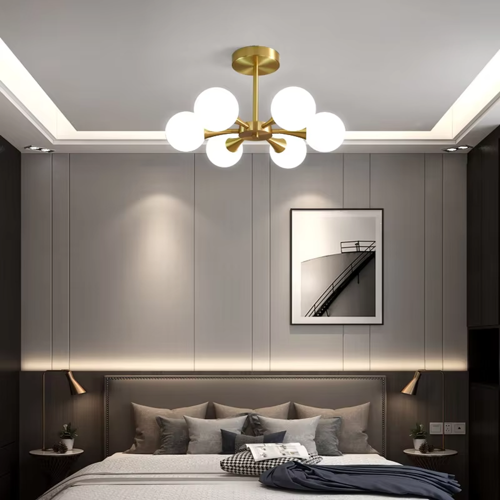 Modern minimalist molecular ball semi-flush mount ceiling light, with a golden metal frame and milky white glass ball lampshades, featuring soft and uniform light, combining decorative and lighting functions, suitable for bedrooms, studies, small living rooms and other modern style spaces with low floor heights.