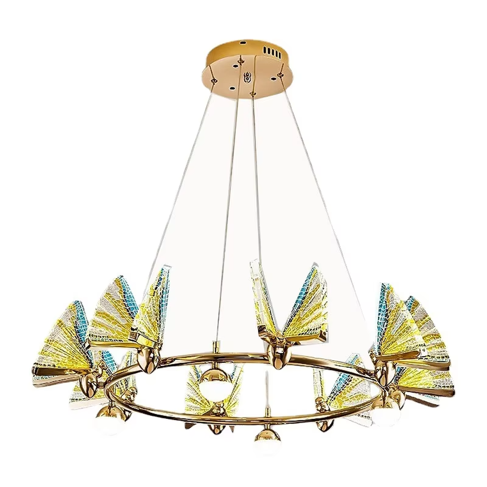 This is a light luxury artistic butterfly wing chandelier, featuring a gold metal circular frame paired with colorful gold glass butterfly wing decorations, with built-in spherical light sources. It emits brilliant and dynamic light, serving both lighting and decorative purposes, suitable for light luxury living rooms, dining rooms, high-end clubs, showrooms and other scenarios.