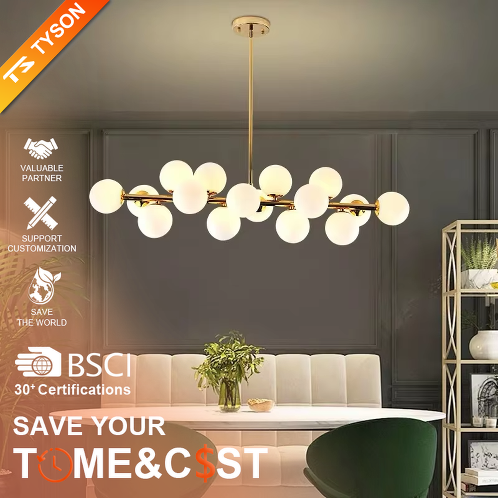 Modern minimalist black rod molecular ball linear chandelier, with a black metal frame paired with staggered milky white glass ball lampshades, shaped like an interstellar molecular cluster, featuring soft and uniform light, combining decorative and lighting functions, suitable for dining rooms, living rooms, open spaces and other modern style scenarios.