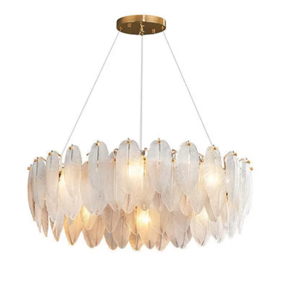A modern light luxury style ring chandelier, featuring a gold metal frame paired with double-layer feather-shaped gradient glass panels. It emits a soft and warm glow when lit, combining decorative appeal with practical illumination, ideal for creating a romantic and elegant space atmosphere.
