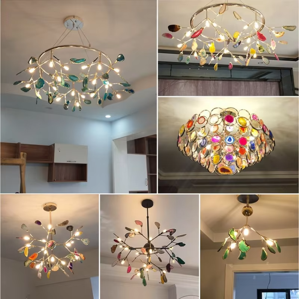 A modern art style linear chandelier, featuring a gold metal branch-like frame with suspended natural colorful agate slices. It emits soft and vibrant light when lit, combining artistic decoration with lighting functionality, ideal for creating a romantic and lively space atmosphere.
