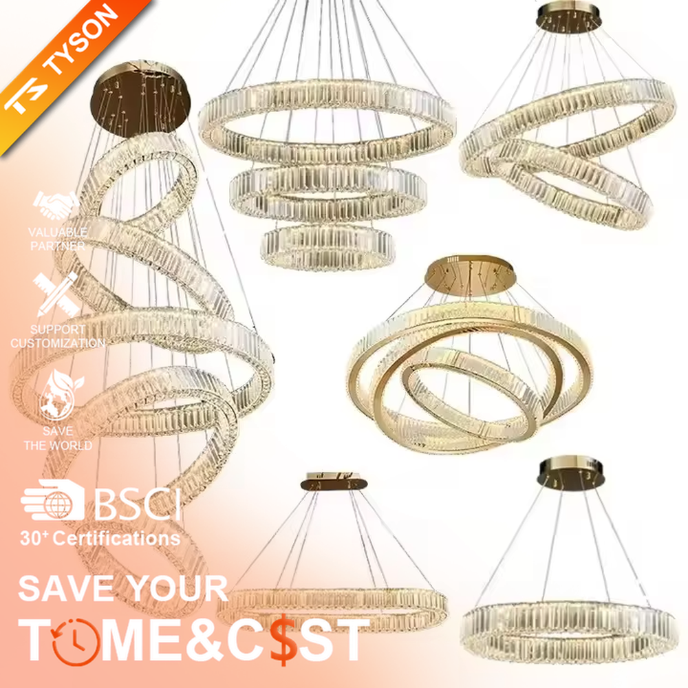 This modern light luxury multi-layer interlaced ring crystal chandelier features a gold metal frame paired with a high-transparency crystal lamp body. The multi-layer rings are staggered and interwoven to present a dynamic interstellar shape. The light refracts through the crystal to emit a brilliant and soft glow, serving both lighting and decorative purposes, suitable for modern light luxury style spaces such as living rooms and dining rooms.