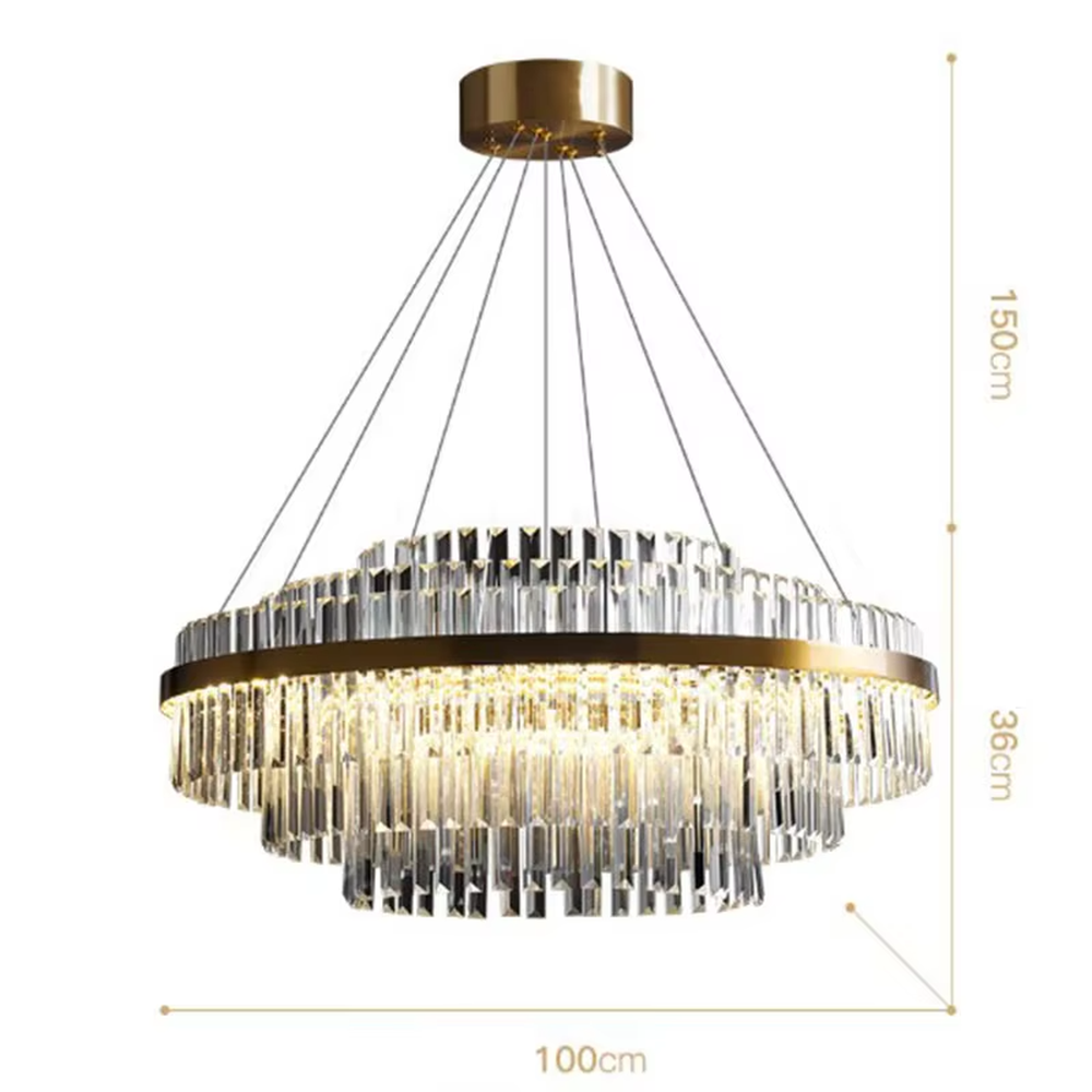 A modern light luxury style circular double-layer crystal chandelier, featuring a gold metal frame paired with multiple layers of long cut crystal strips. It emits a brilliant and soft glow when lit, combining decorative appeal with practical illumination, ideal for creating a luxurious and high-end space atmosphere.