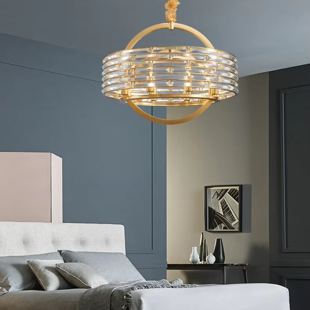 Modern Light Luxury Rectangular Layered Crystal Chandelier, Gold metal frame with multi-layer transparent crystal strips, serves both lighting and decorative purposes, ideal for dining rooms, living rooms, villas and other light luxury spaces.