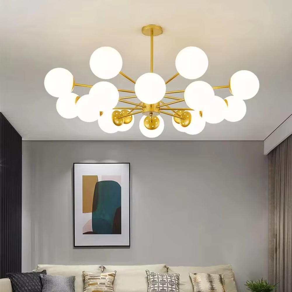 Modern light luxury starry sky molecular ball chandelier, with a golden metal frame paired with milky white frosted glass ball lampshades, shaped like a cluster of interstellar molecules, featuring soft and uniform light, combining decorative and lighting functions, suitable for living rooms, dining rooms, light luxury style spaces.