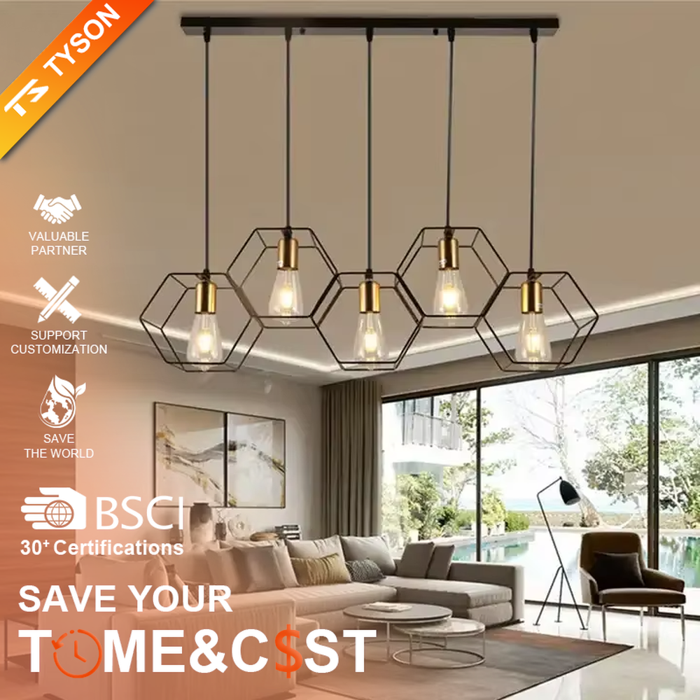 An industrial style 5-head linear chandelier, featuring geometric cage lampshades made of dark brown metal paired with vintage filament bulbs. Its linear arrangement combines decorative appeal with practical illumination, ideal for creating a bold and rugged space atmosphere.