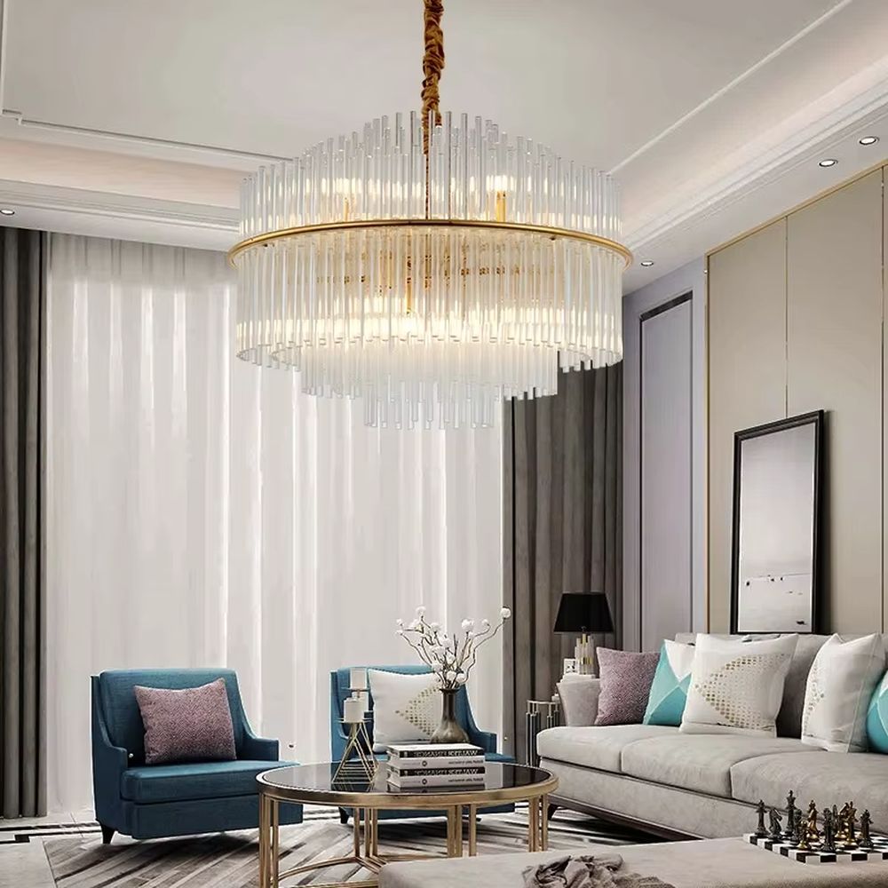 Modern Light Luxury Round Crystal Strip Chandelier, Gold metal ring frame with suspended transparent crystal strips, serves both lighting and decorative purposes, ideal for dining rooms, living rooms, hotel lobbies, high-end clubs, etc.