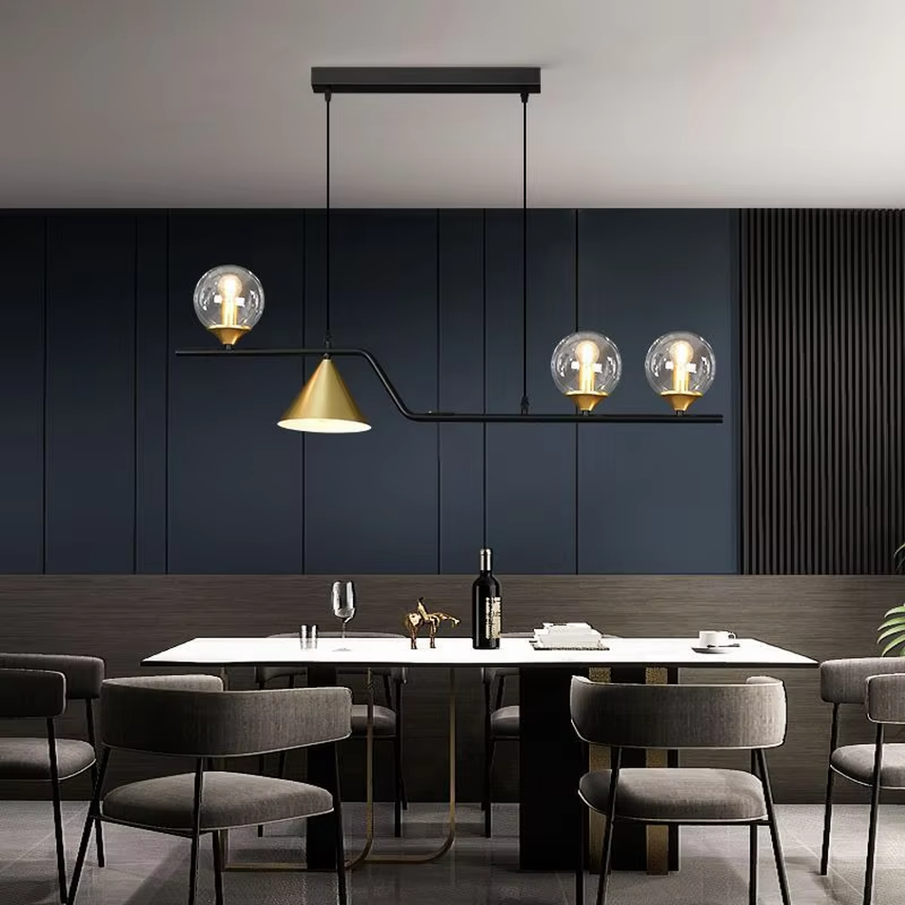 Modern light luxury black-gold contrasting dining chandelier, with a long black metal frame paired with a golden conical lampshade and transparent glass ball lampshades, featuring a minimalist and flexible shape, combining decorative and lighting functions, suitable for dining rooms, bars and other modern style spaces.