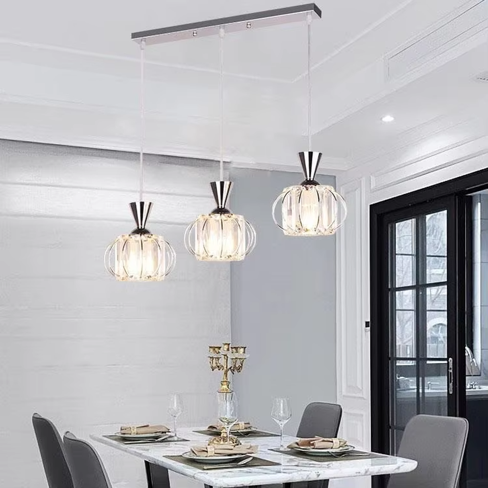 A modern industrial-style 3-head chandelier, featuring a staggered spherical cage frame made of black iron, paired with striped glass lampshades. It emits a soft and transparent glow when lit, combining decorative appeal with practical illumination, ideal for creating a bold and minimalist space atmosphere.