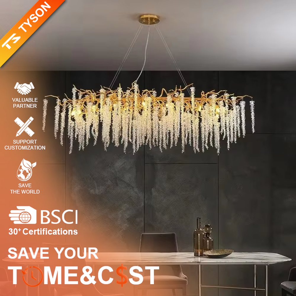 Modern light luxury vine-tassel crystal chandelier, with a gold branch-shaped metal frame paired with cascading crystal particles, emitting brilliant and soft light, combining artistic decorativeness and lighting function, suitable for core lighting and atmosphere creation in living rooms, dining rooms, villa high-ceiling spaces, etc.