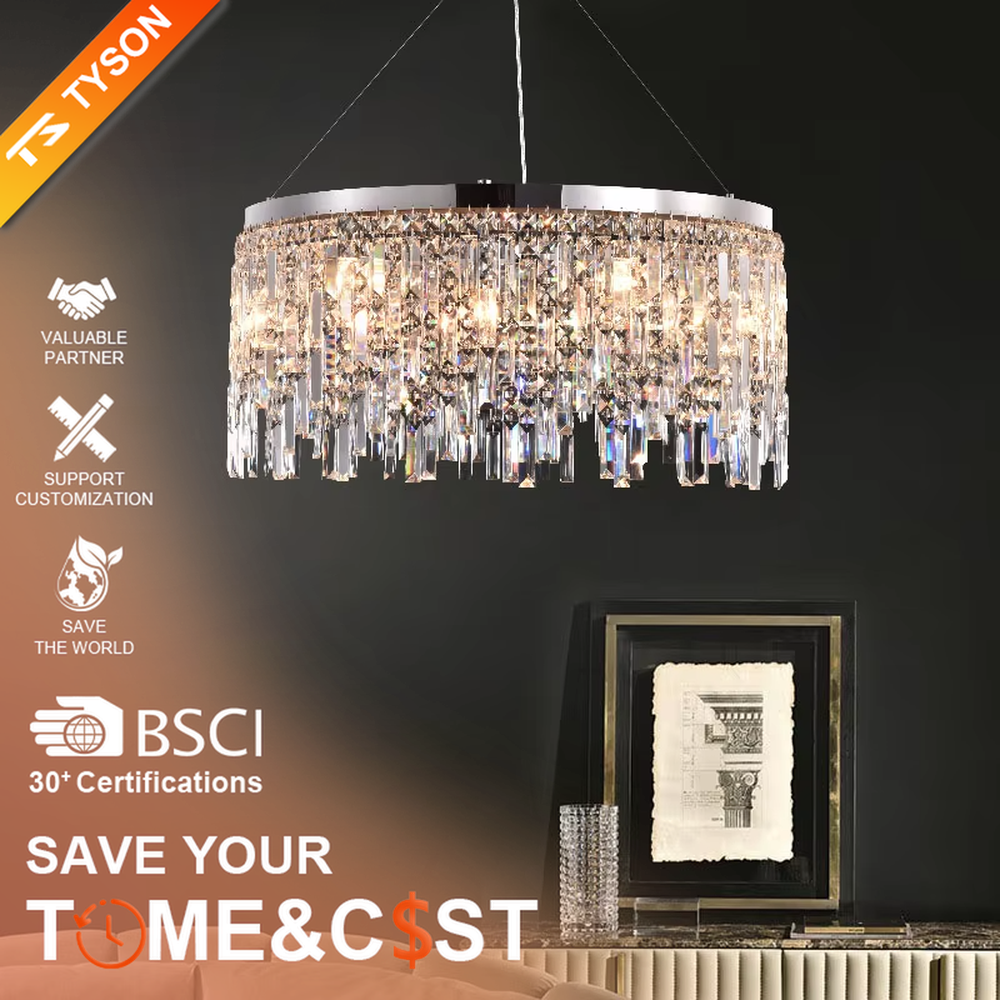 This light luxury tassel crystal chandelier features a circular tassel shape made of a metal frame and multi-layer faceted crystal strips, with light refracting a brilliant halo through the crystals, serving both lighting and decorative purposes, suitable for modern light luxury spaces such as living rooms and dining rooms.