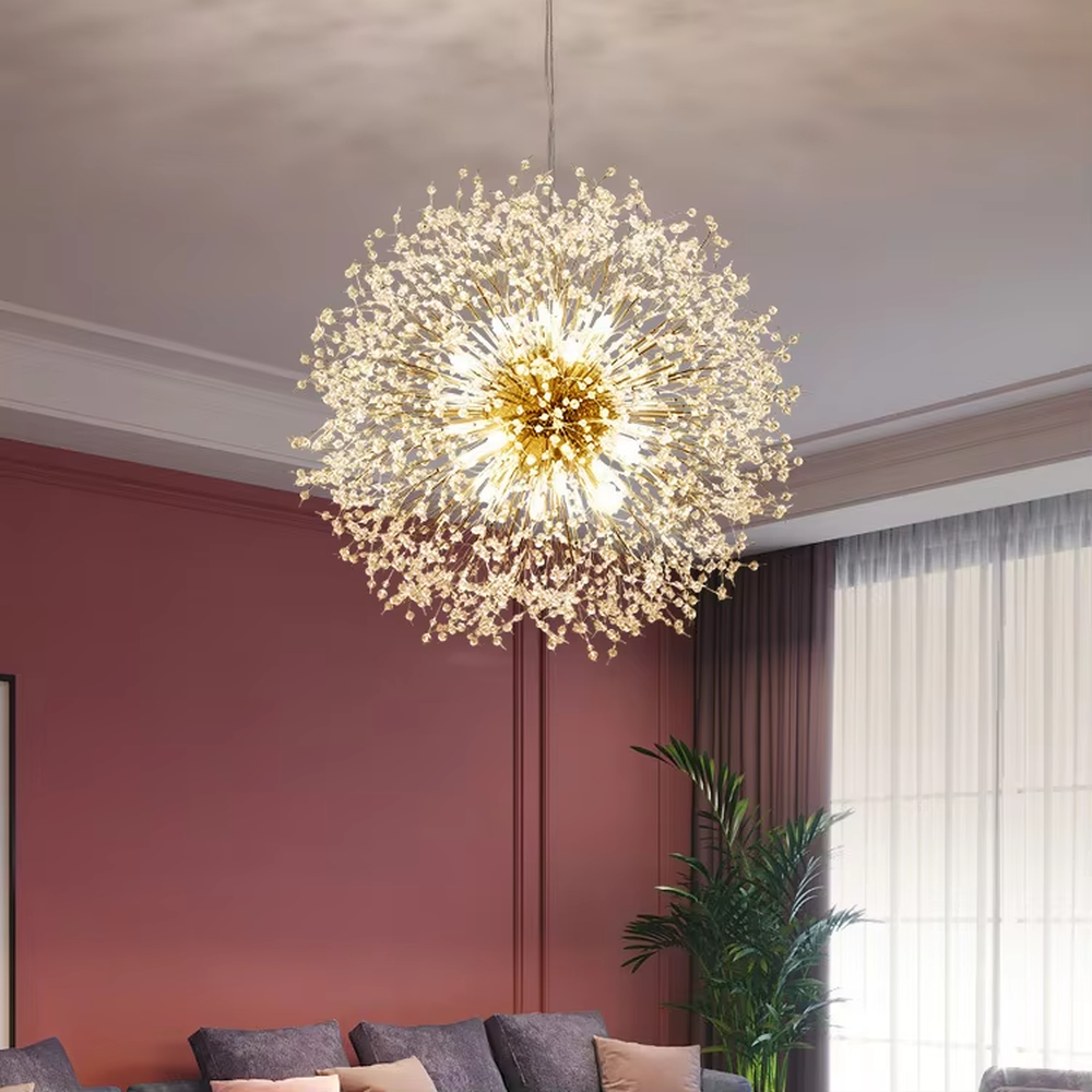 This is a modern light luxury dandelion firework-shaped chandelier, featuring a gold metal core paired with radial crystal branches, as brilliant and dynamic as a blooming firework. It emits soft and warm light, serving both lighting and artistic decoration purposes, suitable for light luxury dining rooms, open kitchen islands, bars, internet-famous homestays and other scenarios.