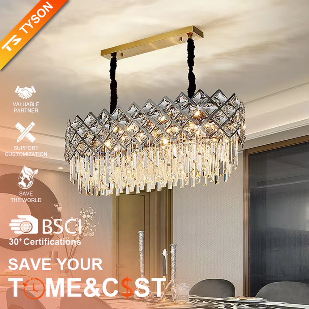 This light luxury rectangular crystal chandelier features a metal frame paired with a rhombus-faceted crystal border and drooping crystal tassels, with light refracting a brilliant halo through the crystals, serving both lighting and decorative purposes, suitable for modern light luxury spaces such as dining rooms and living rooms.