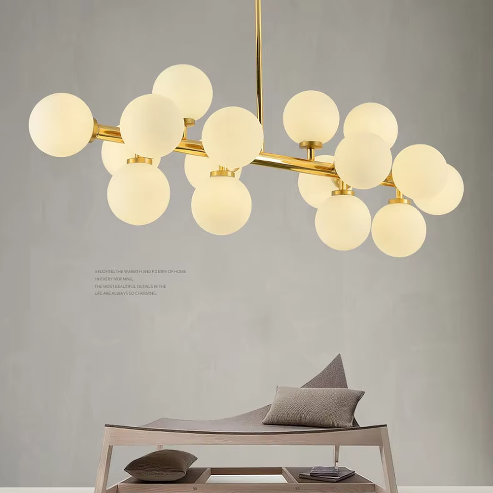 Modern minimalist black rod molecular ball linear chandelier, with a black metal frame paired with staggered milky white glass ball lampshades, shaped like an interstellar molecular cluster, featuring soft and uniform light, combining decorative and lighting functions, suitable for dining rooms, living rooms, open spaces and other modern style scenarios.