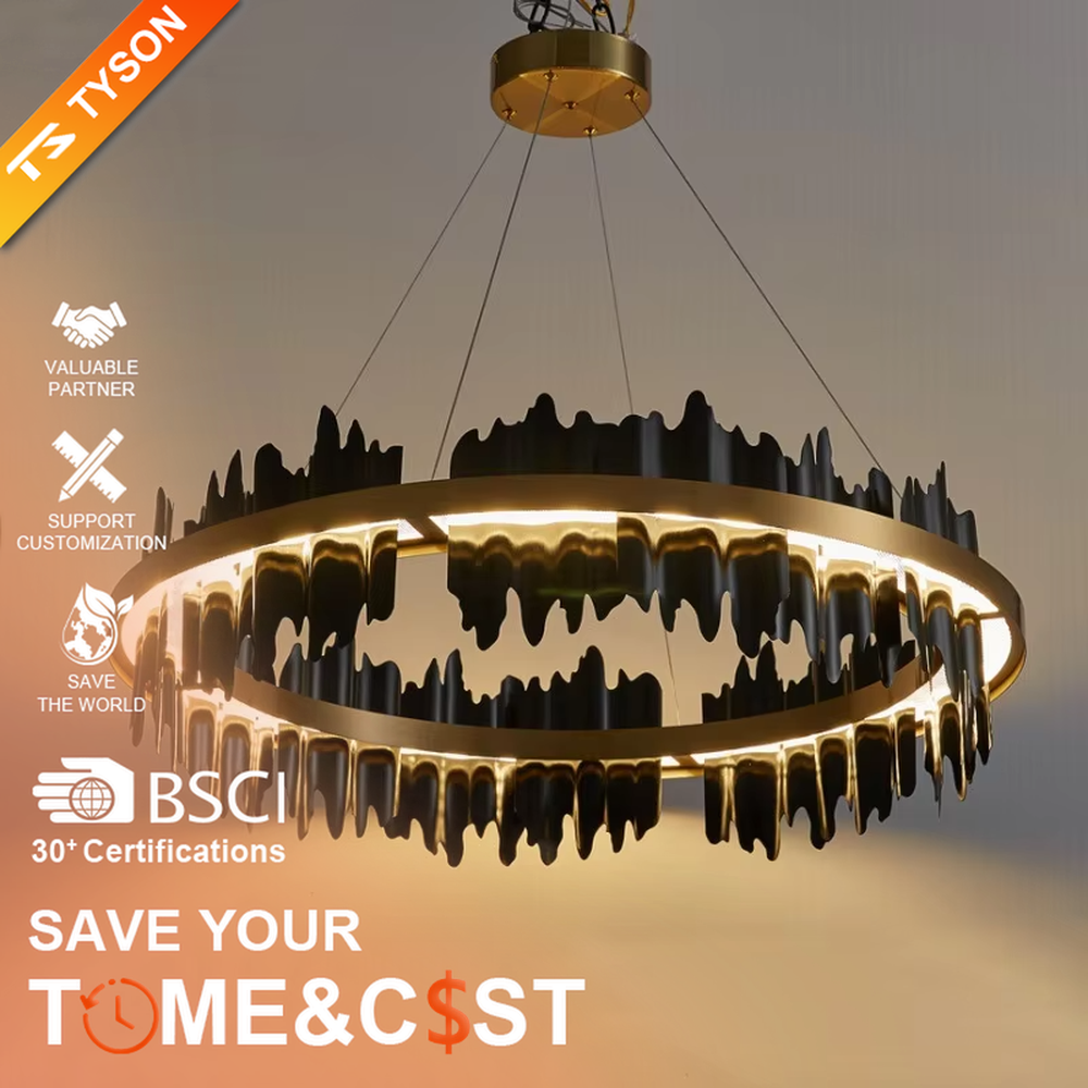 Modern light luxury black and gold ring chandelier, featuring irregular black and gold metal pieces to create a lava-like flowing shape. Light shines through the gaps between the metal rings, combining artistry and ambiance, making it a high-end decorative lighting fixture that elevates the space's style.
