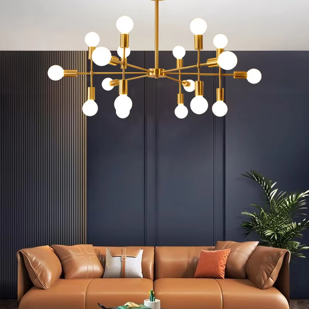 Modern light luxury molecular structure chandelier, with golden metal branches and milky white glass ball lampshades, the shape is flexible like interstellar molecules, featuring soft and uniform light, combining decorative and lighting functions, suitable for living rooms, dining rooms, light luxury style spaces.