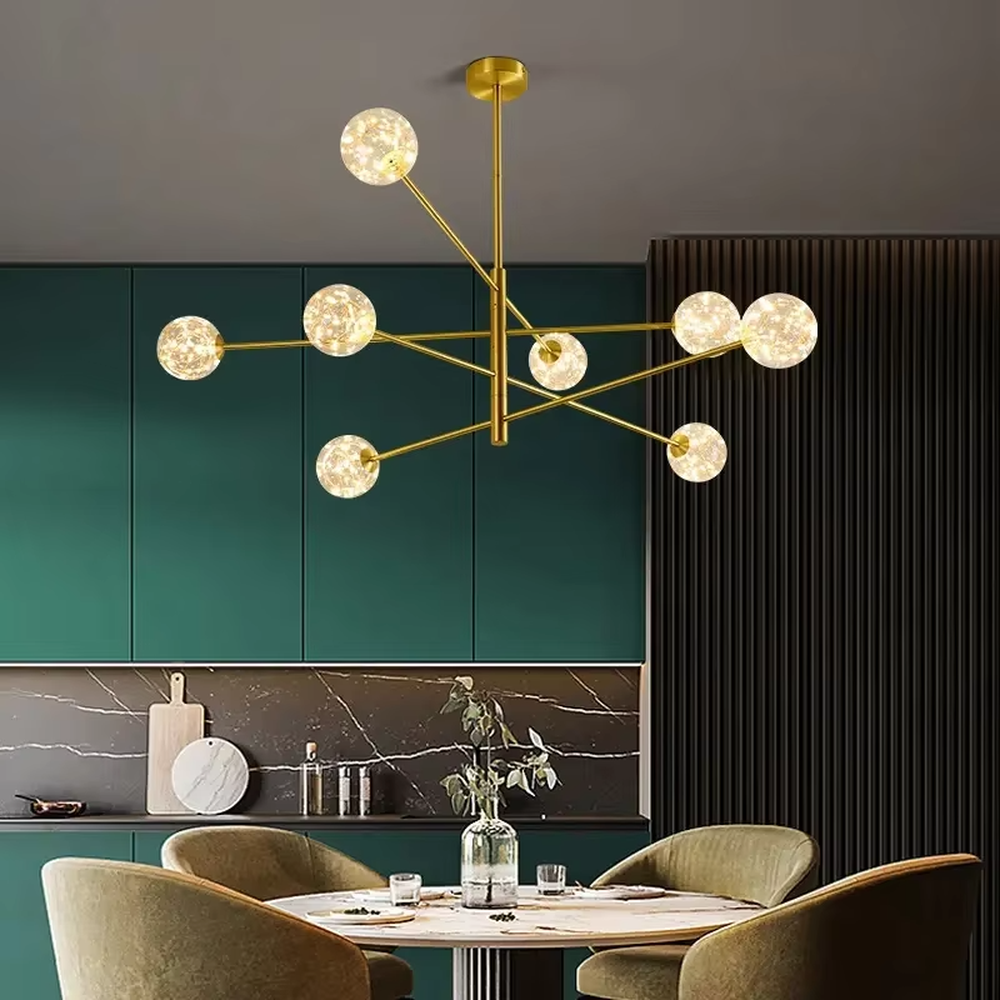 Modern light luxury starry sky molecular ball chandelier, with golden metal branch frame paired with starry sky effect glass ball lampshades, shaped like interstellar molecular clusters, featuring brilliant and soft light, combining decorative and lighting functions, suitable for living rooms, dining rooms, light luxury style spaces.
