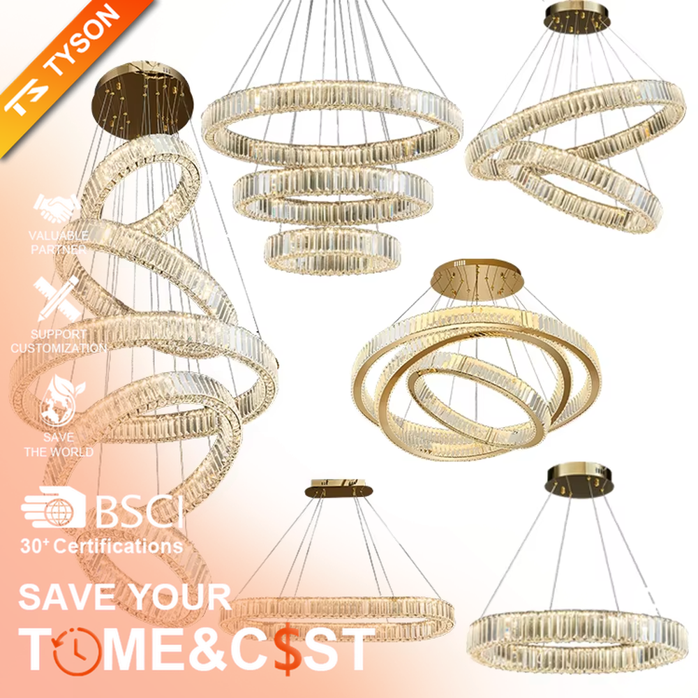 This is a light luxury double-layer spiral ring crystal chandelier, with a gold metal frame inlaid with high-transparency crystal strips, presenting a dynamic staggered ring structure, with brilliant and soft light, both decorative and lighting functions, ideal for high-end indoor spaces such as living rooms and dining rooms.