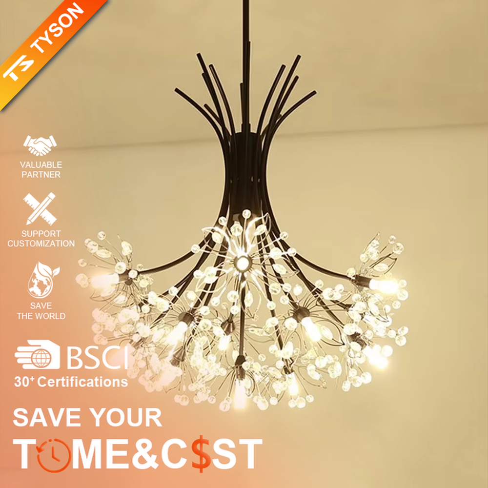 This is a modern light luxury firework-shaped chandelier, featuring a gold metal branch structure paired with transparent crystal decorations, as brilliant and dynamic as a blooming dandelion. It emits soft and warm light, serving both lighting and artistic decoration purposes, suitable for light luxury dining rooms, villa living rooms, high-end clubs, showrooms and other scenarios.