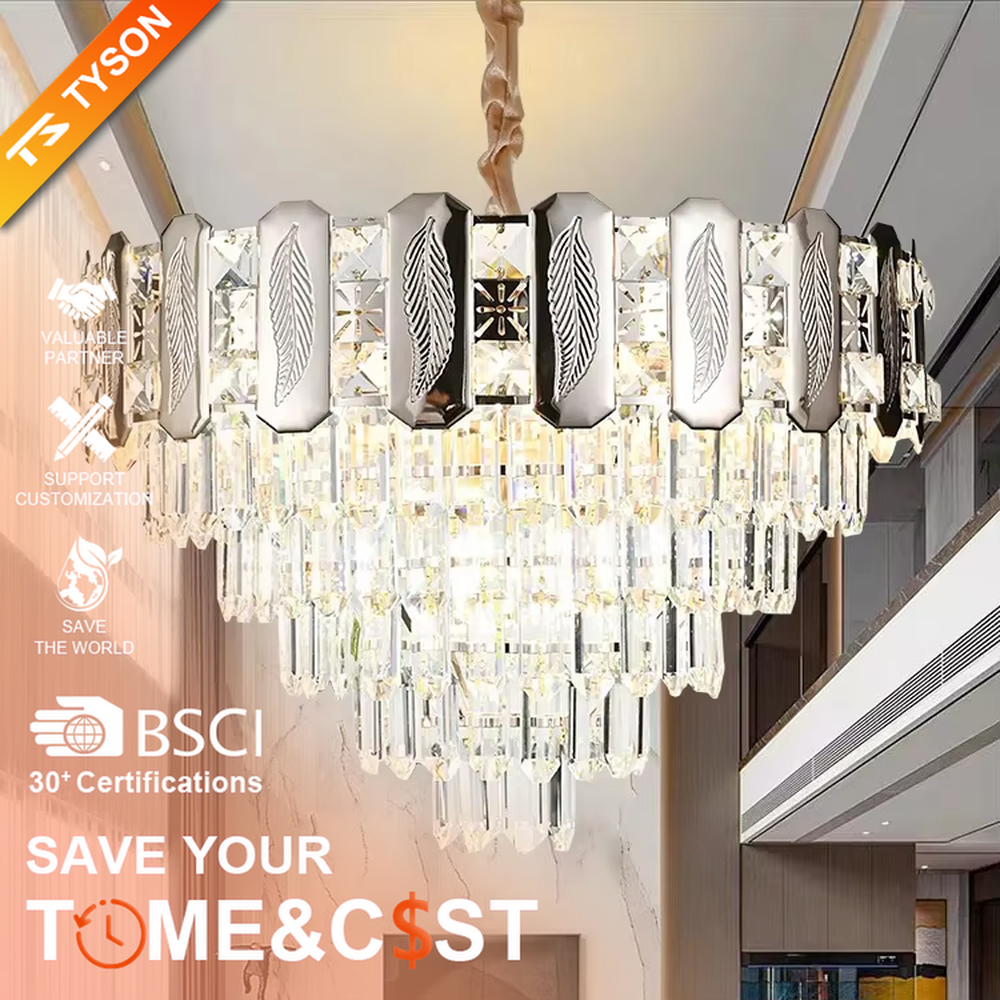This is a light luxury cascading crystal chandelier, with a top metal frame inlaid with leaf-textured decorative panels and cut crystals, and densely cascading crystal strips hanging below, featuring brilliant and soft light, both decorative and lighting functions, ideal for high-end indoor spaces such as living rooms and dining rooms.