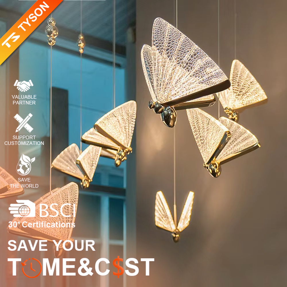 Light luxury butterfly-wing shaped chandelier, featuring butterfly wing textures made of colored mosaic glass, paired with a gold metal base and hanging structure. It emits soft, transparent, and colorful light, combining artistic decorativeness and lighting function, suitable for atmosphere creation and supplementary lighting in spaces such as entrances, stairwells, and bedroom nightstands.