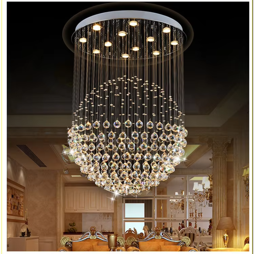 This light luxury crystal ball pendant chandelier features a circular metal base paired with metal wires and dense crystal balls, forming a full spherical shape, with dazzling light, serving both lighting and decorative purposes, suitable for high-end residential spaces such as high-ceiling living rooms and villas.