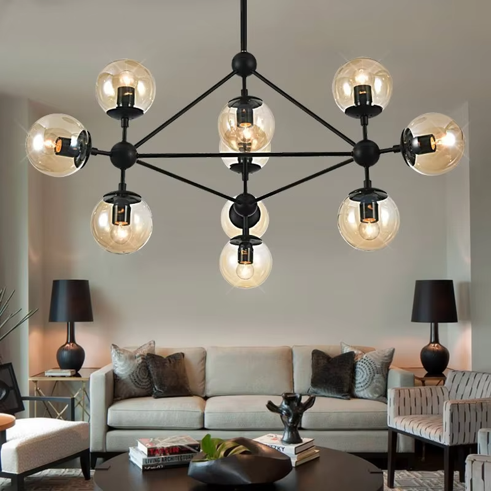 An industrial and modern minimalist combined molecular structure chandelier, featuring a cubic geometric frame made of black iron, paired with amber glass ball bulbs. It emits a warm and soft glow when lit, combining decorative appeal with practical illumination, ideal for creating a bold and avant-garde space atmosphere.