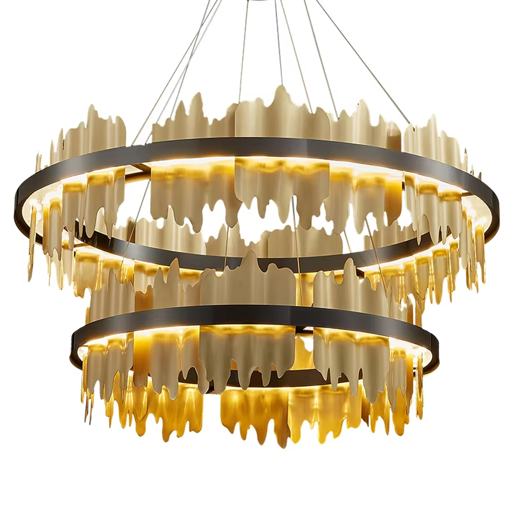 A light luxury and glamorous double-layer ring chandelier, featuring a gold metal frame paired with irregular black hanging glass panels. It emits a brilliant yet soft glow when lit, combining decorative appeal with practical illumination, ideal for creating a high-end and mysterious space atmosphere.