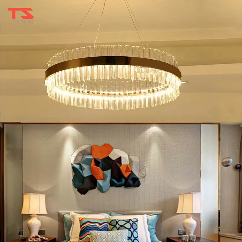 Modern Light Luxury Double-Layer Round Crystal Chandelier, Gold metal ring frame with double-layer suspended transparent crystal strips, serves both lighting and decorative purposes, ideal for living rooms, dining rooms, villas, hotel lobbies and other light luxury spaces.
