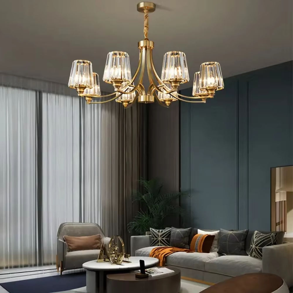 Modern Light Luxury Branch Crystal Chandelier, Gold Metal Frame with Transparent Ribbed Crystal Shades, Serves Both Lighting and Decorative Purposes, Ideal for Living Rooms, Dining Rooms, Villas and Other Light Luxury Spaces.