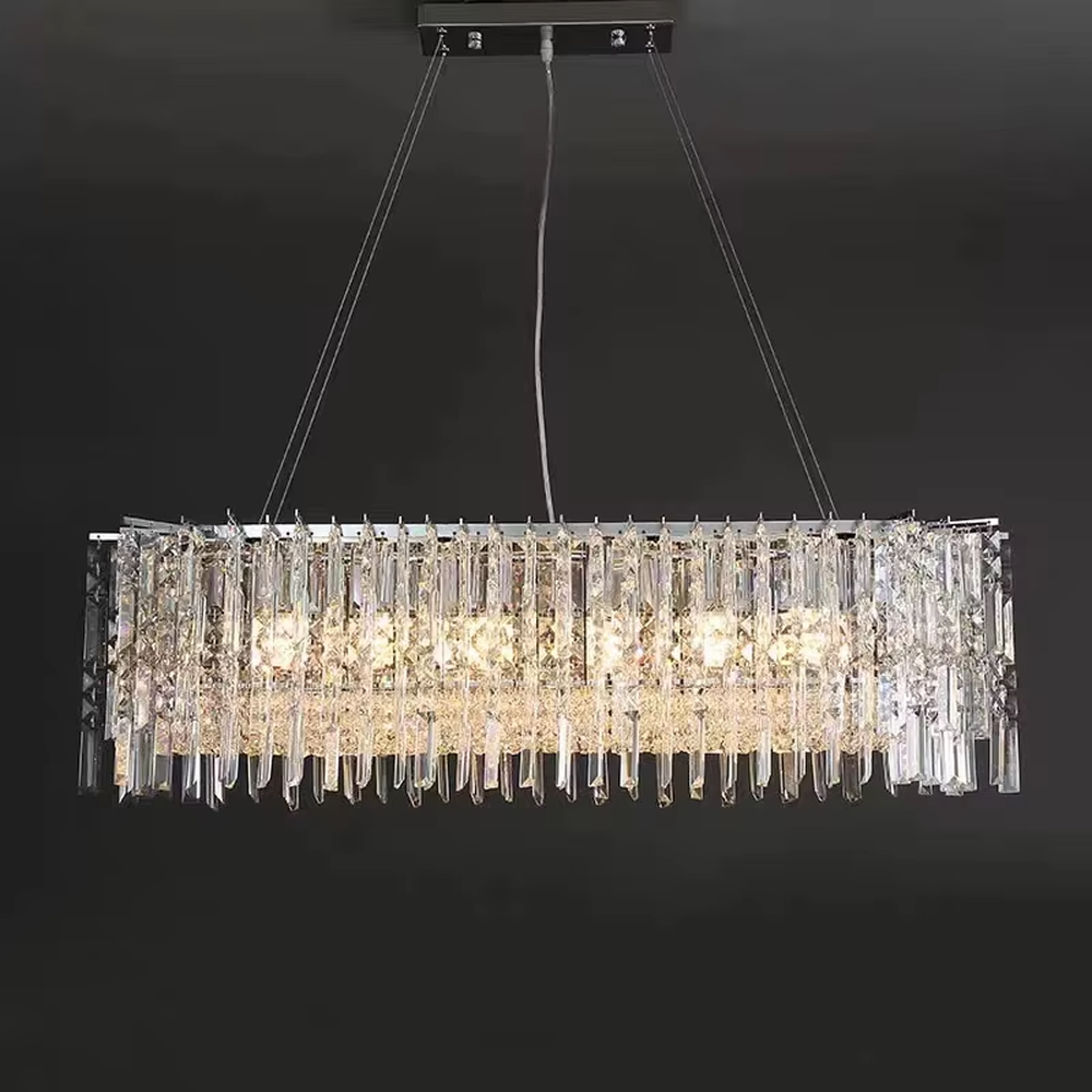 Modern light luxury rectangular multi-layer crystal chandelier, with a metal frame and layered transparent crystal strips, featuring bright and soft light, combining decorative and lighting functions, suitable for dining rooms, living rooms, high-end clubs and other modern style spaces.