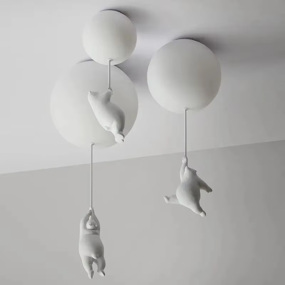Playful balloon-shaped children's chandelier, with milky white glass ball lampshades and cute little duck pendants, featuring soft and warm light, combining decorative and lighting functions, suitable for children's rooms, parent-child bedrooms and other playful style spaces.