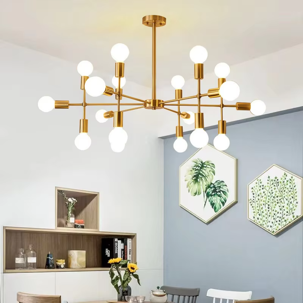 Modern light luxury molecular structure chandelier, with golden metal branches and milky white glass ball lampshades, the shape is flexible like interstellar molecules, featuring soft and uniform light, combining decorative and lighting functions, suitable for living rooms, dining rooms, light luxury style spaces.