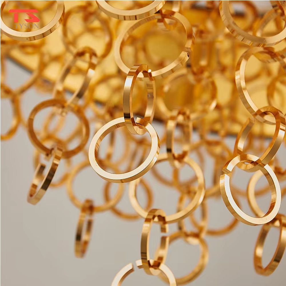 Modern light luxury black-gold ring tassel chandelier, with a black fabric lampshade paired with golden metal ring tassel design, featuring luxurious and soft light, combining decorative and lighting functions, suitable for living rooms, dining rooms, hotels and clubs in light luxury style.