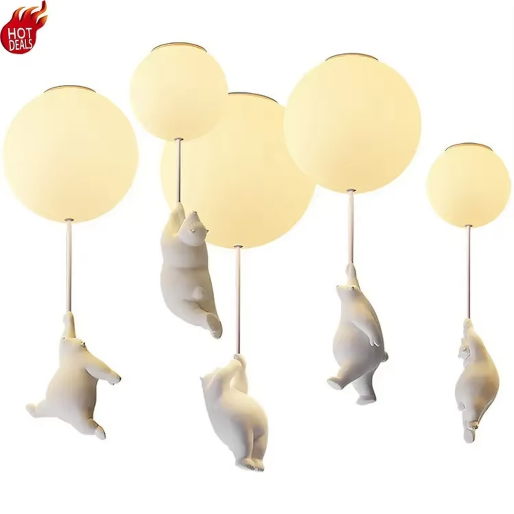 Playful balloon-shaped children's chandelier, with milky white glass ball lampshades and cute little duck pendants, featuring soft and warm light, combining decorative and lighting functions, suitable for children's rooms, parent-child bedrooms and other playful style spaces.