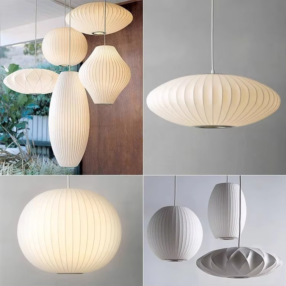 This is a set of modern minimalist multi-shaped pleated fabric chandeliers, composed of off-white pleated lampshades in different shapes such as ellipse, flying saucer and flower bud, which has both soft lighting and artistic decoration functions, suitable for living rooms, dining rooms, B&Bs, cafes and other spaces.