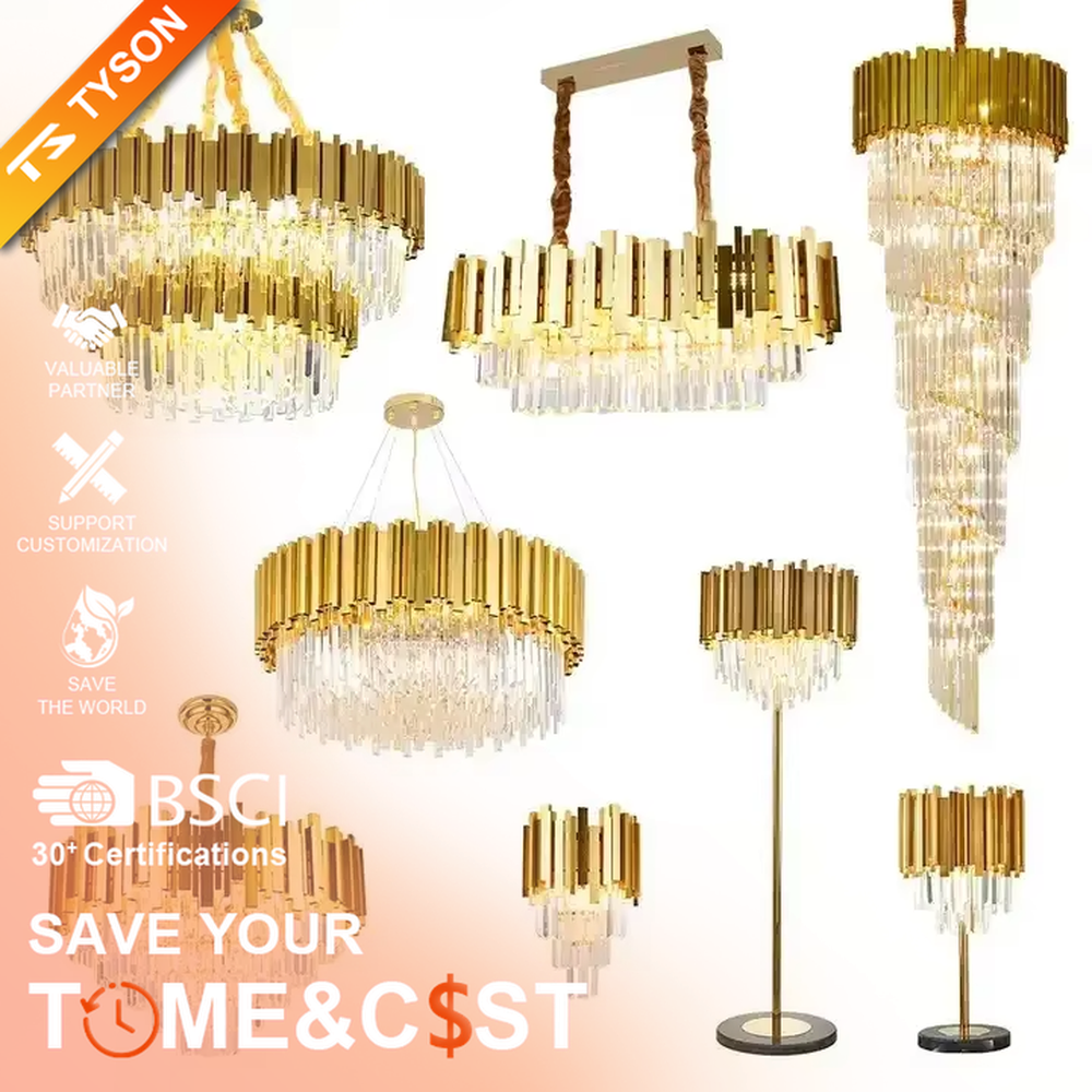 This is a light luxury and luxurious style multi-layer crystal chandelier, with a gold metal top paired with a transparent crystal column pendant structure, which has both lighting and decorative functions, suitable for high-end spaces such as villa high-ceiling living rooms, duplex stairwells, and hotel lobbies.