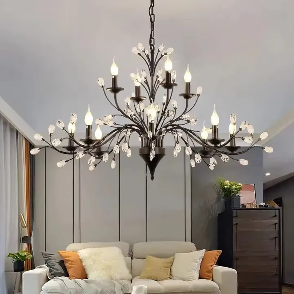 A double-layer retro light luxury style branch chandelier, featuring an extended double-layer branch structure made of dark brown metal, adorned with crystal particles and candle-shaped bulbs. It emits a brilliant yet soft glow when lit, combining decorative appeal with practical illumination, ideal for creating a romantic and elegant space atmosphere.