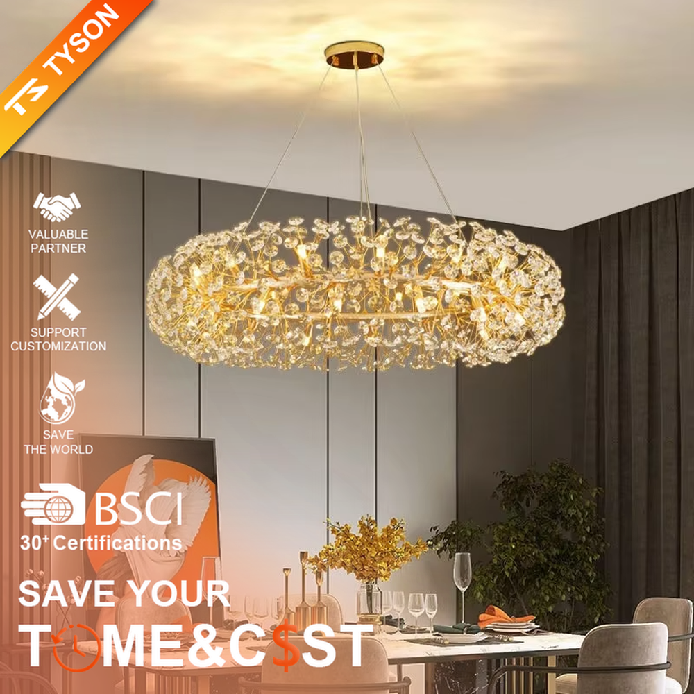 Modern light luxury starry sky oval crystal chandelier, featuring a gold metal frame covered with transparent crystal ornaments. Light refracts through the crystals to create a brilliant glow, combining luxury texture and artistic ambiance, making it a high-end decorative lighting fixture that elevates the space's style.