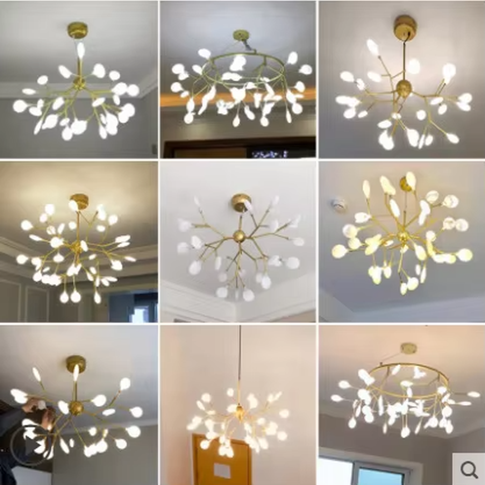 This is a modern light luxury firefly chandelier, featuring a gold metal branch structure paired with rounded soft light heads, shaped like a swarm of fireflies dancing. It emits soft and warm light, serving both lighting and artistic decoration purposes, suitable for Nordic-style living rooms, light luxury dining rooms, cozy bedrooms, internet-famous homestays and other scenarios.
