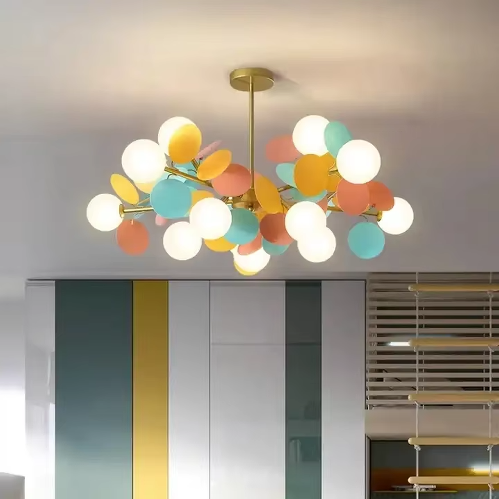 Playful macaron color bubble chandelier, with a golden metal frame paired with macaron color discs and milky white glass ball lampshades, shaped like a cluster of colorful bubbles, featuring soft and warm light, combining decorative and lighting functions, suitable for children's rooms, parent-child living rooms, early education centers and other playful style spaces.