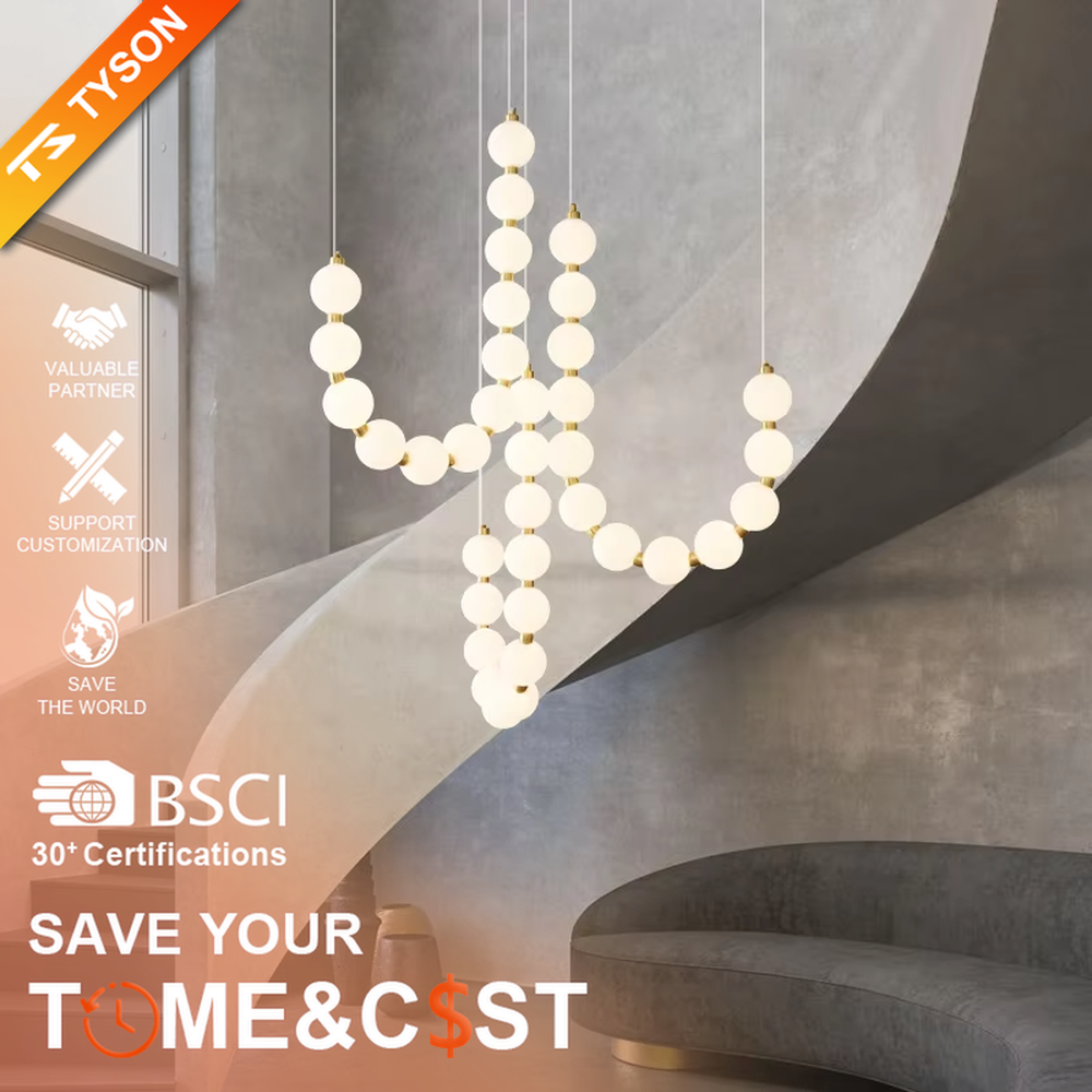 Modern Light Luxury Curved Beaded Chandelier, Milk white spherical lamps connected in a wave shape with gold metal details, serves both lighting and decorative purposes, ideal for duplex stairwells, high-ceiling living rooms, villas and other high-ceiling spaces.
