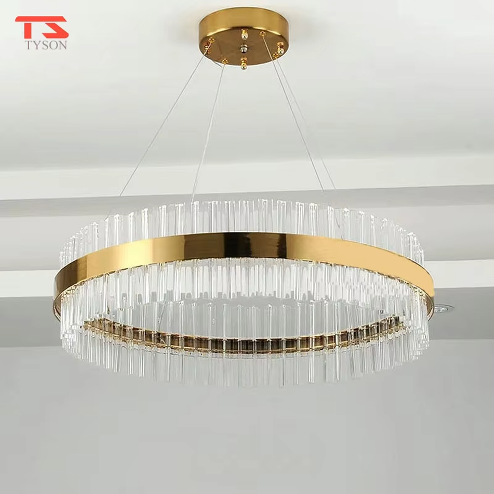 Modern Light Luxury Double-Layer Round Crystal Chandelier, Gold metal ring frame with double-layer suspended transparent crystal strips, serves both lighting and decorative purposes, ideal for living rooms, dining rooms, villas, hotel lobbies and other light luxury spaces.
