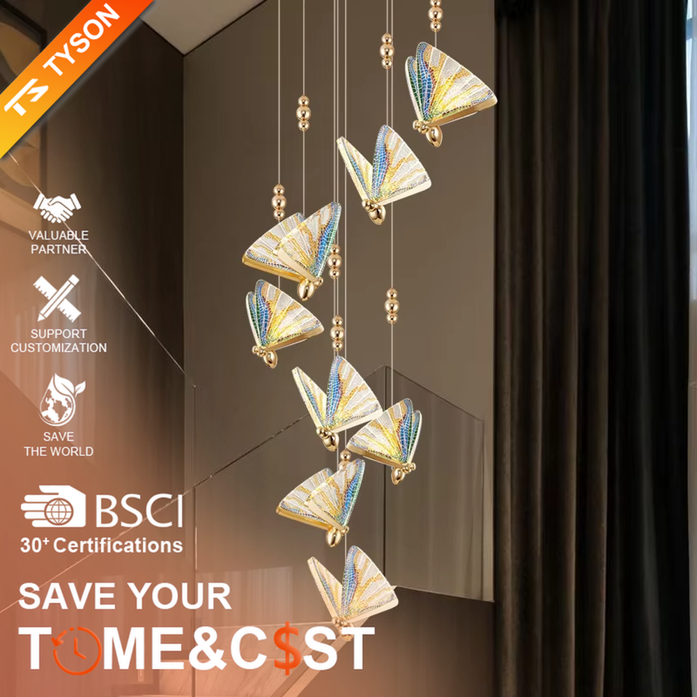 Light luxury butterfly-wing shaped single-head chandelier, with butterfly wing textures made of colored mosaic glass, paired with a gold metal base and hanging structure. It emits soft, transparent, and colorful light, combining artistic decorativeness and lighting function, suitable for atmosphere creation and supplementary lighting in spaces such as entrances, bedroom nightstands, and dining bars.